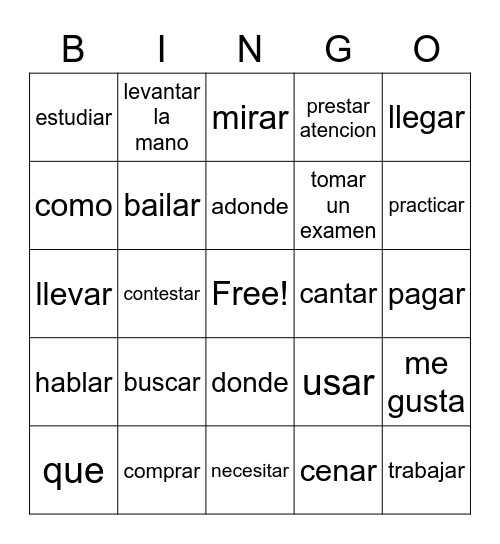 AR verbs Bingo Card