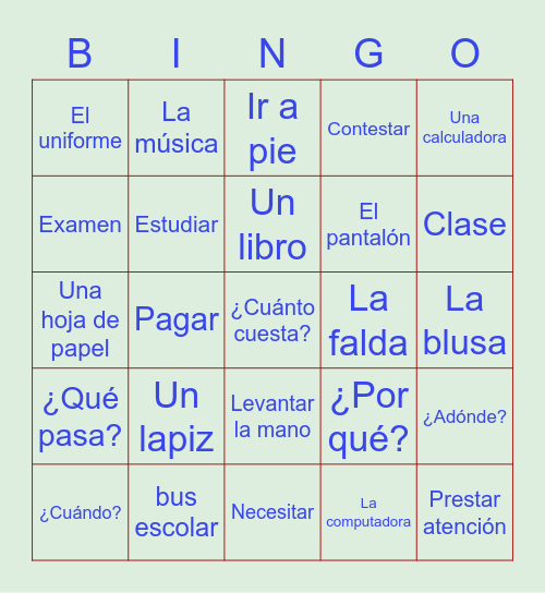Chapter 3 - La Escuela Bingo Card