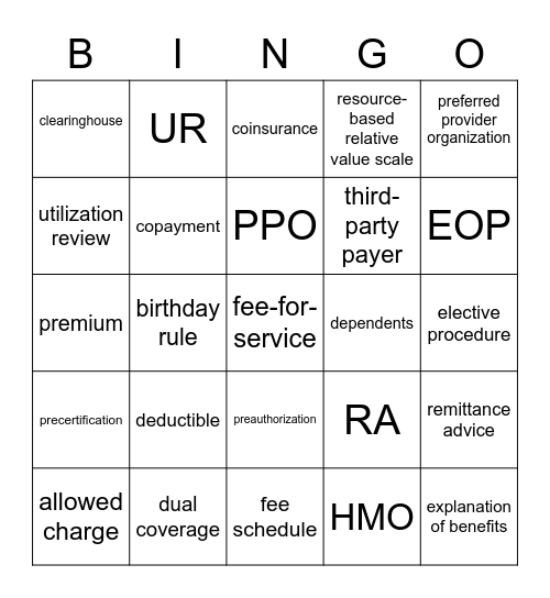 Ch. 17 Insurance and Billing Bingo Card