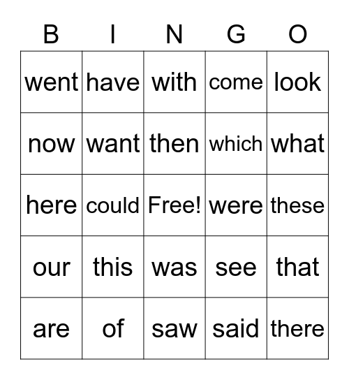 high frequency word bingo Card