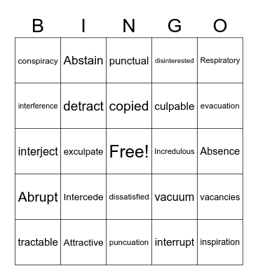 Vocabulary Bingo Card