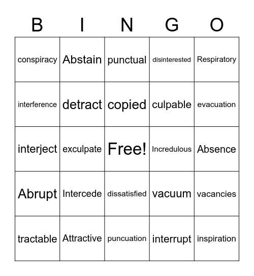 Vocabulary Bingo Card