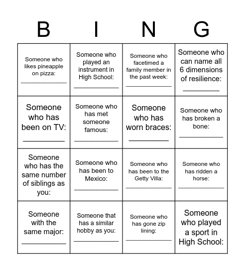 RISE: Social Dimension BINGO Card