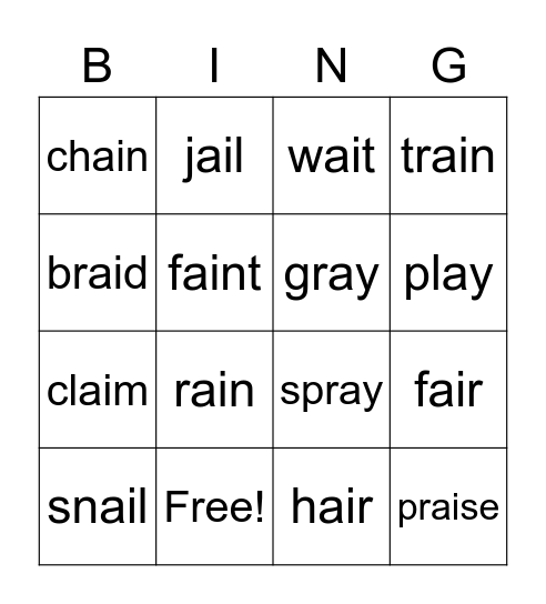 Words with /ay/ & /ai/ Bingo Card