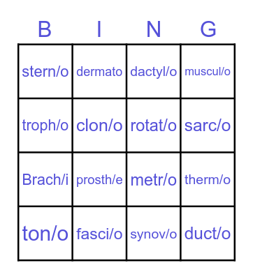Combining forms muscular system Bingo Card