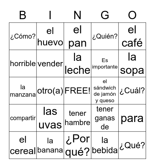 Mi comida favorita Bingo Card