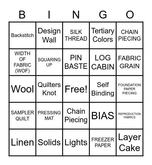 Bulverde Quilt Group Bingo Card
