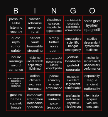 Grade 6 Word Bingo Card