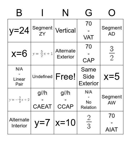 Geometry: Unit 3: Bingo Card