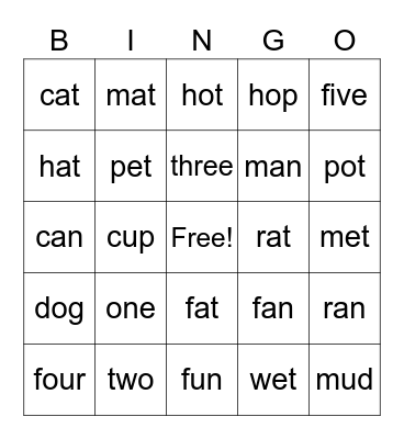 Kindergarten Sight Words Bingo Card