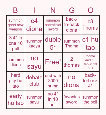 Hu Tao summons Bingo Card