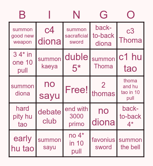 Hu Tao summons Bingo Card