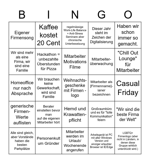 Corporate Cringe Bingo Card