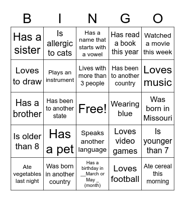 Getting to Know You Bingo Card