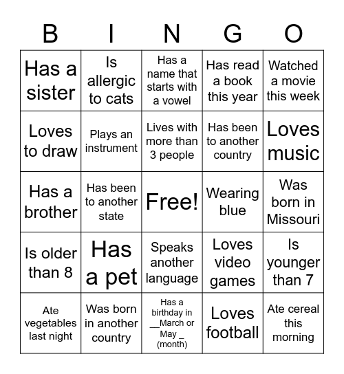 Getting to Know You Bingo Card