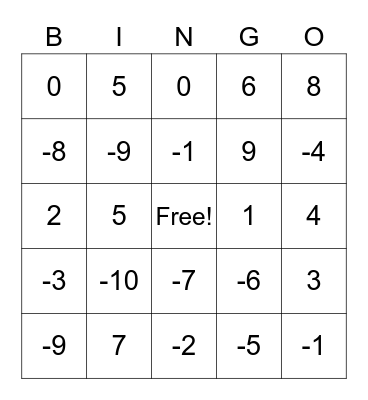 Integer Addition Bingo Card