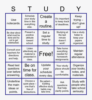 Study Skills Bingo Card