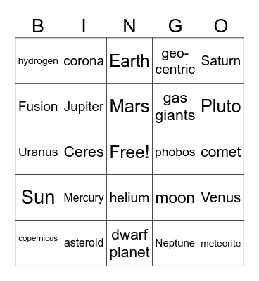 Astronomy bingo Card