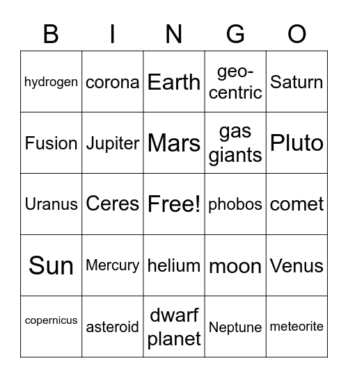 Astronomy bingo Card