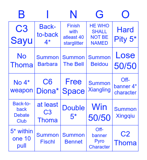 Hu Tao Bingo Card