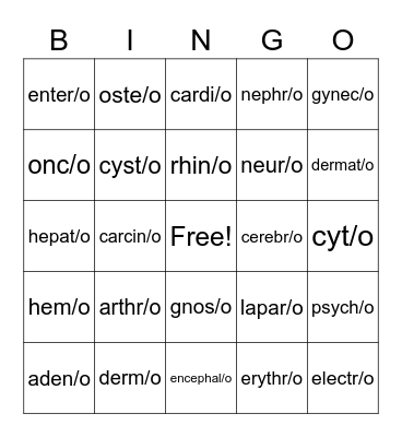 Medical Terminology Basic Words Bingo Card