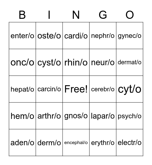 Medical Terminology Basic Words Bingo Card
