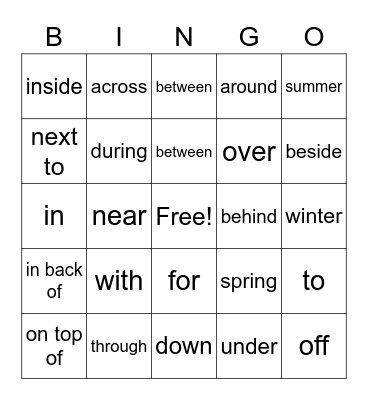 Prepositions Bingo Card