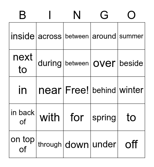 Prepositions Bingo Card