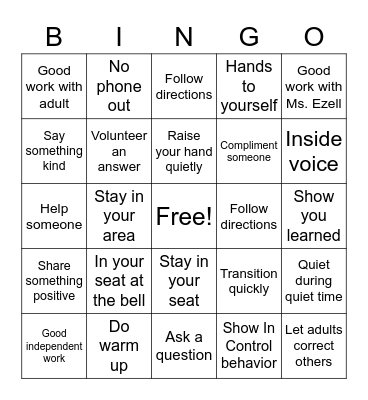 Reading Class Bingo Card