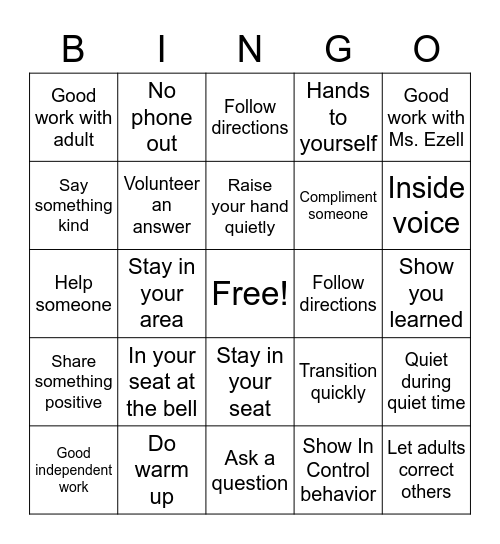 Reading Class Bingo Card