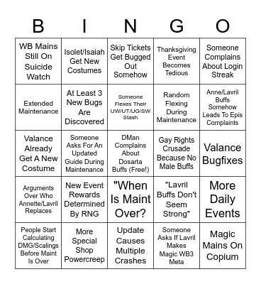 November Buffs Bingo Board Bingo Card