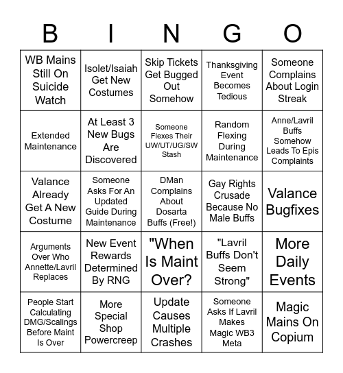 November Buffs Bingo Board Bingo Card