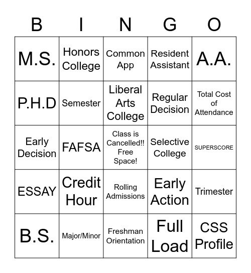 COLLEGE 101 BINGO Card