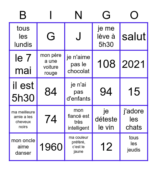 Cours de Français Bingo Card