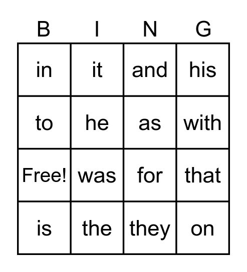 Sight Words Bingo Card