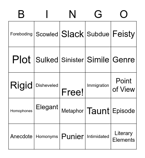 Quarter 2 Vocabulary Bingo Card