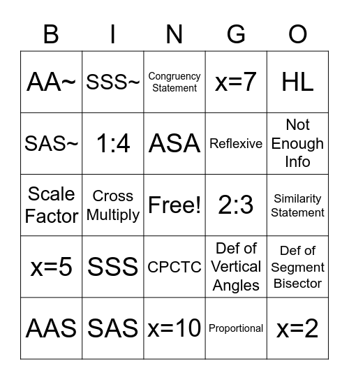 Similarity and Congruence Bingo Card