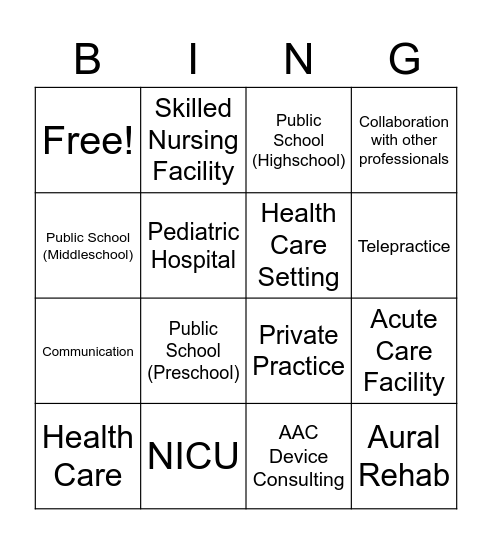 SLP - Practice Settings Bingo Card