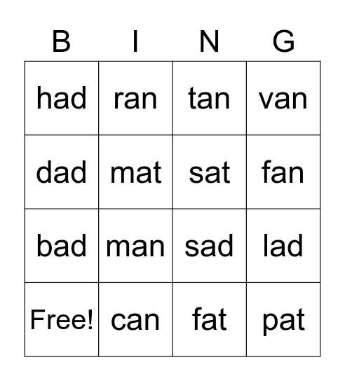 -at, -an, -ad Bingo Card