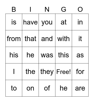 Sight Words Bingo Card