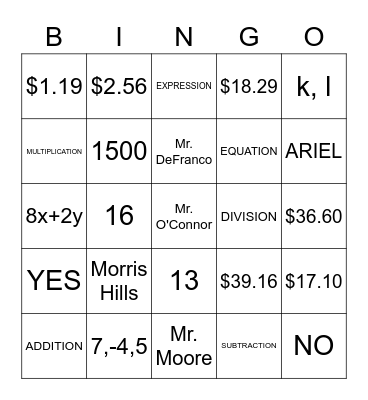 BASIC MATH 9/10 MATH REVIEW  NOVEMBER 4,2021 Bingo Card