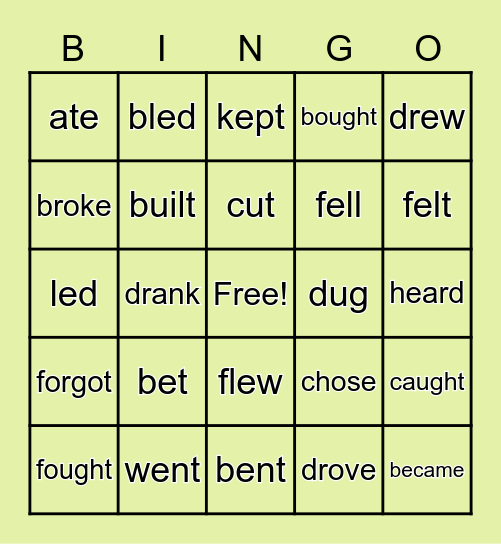 Irregular verbs PGP Bingo Card