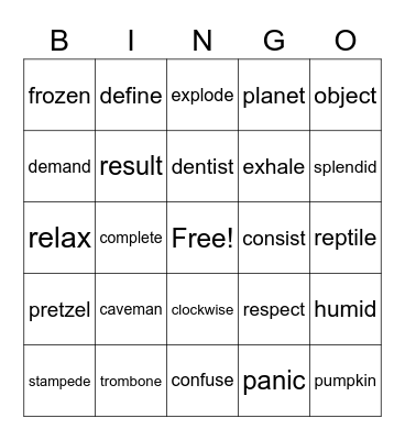 Multi Syllable Word Bingo Card