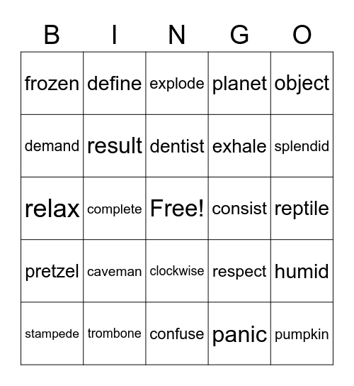 Multi Syllable Word Bingo Card