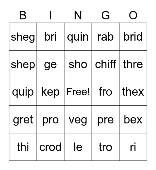 Open/Closed Syllable Bingo Card