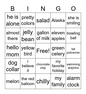 Medial /l/ Bingo Card