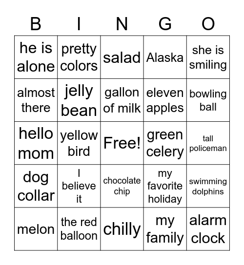 Medial /l/ Bingo Card