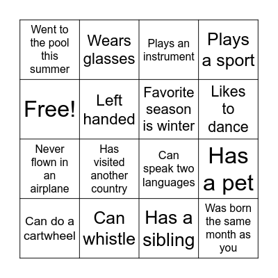 Get to know each other Bingo Card