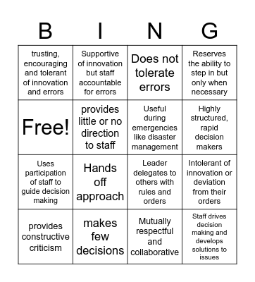 Leadership Style Bingo Card