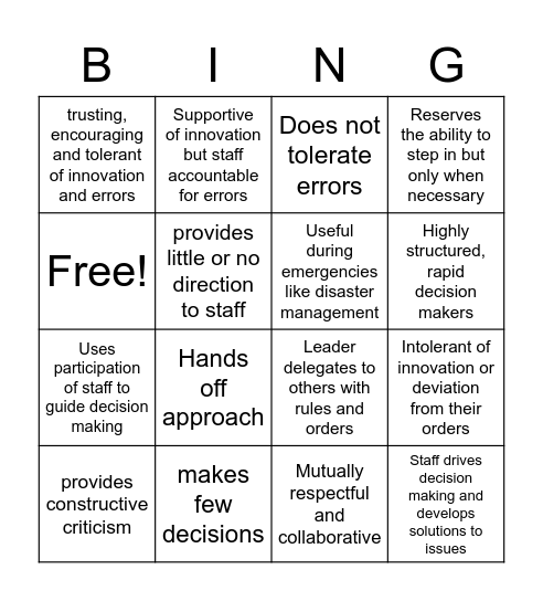 Leadership Style Bingo Card